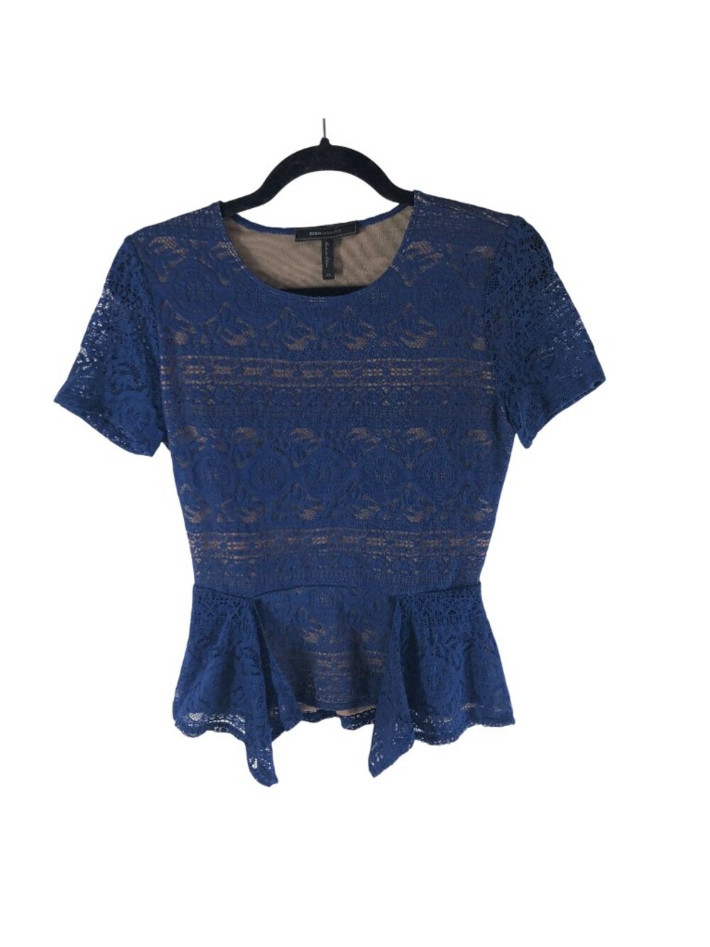 BCBG Max Azria XS Blue Lace Peplum Top Short Sleeve Stretchy Mesh Lined Womens
